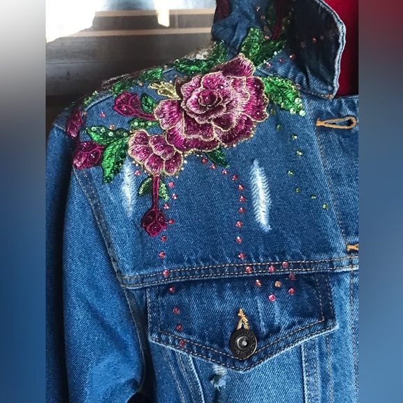 Victorian Rose Embellished Denim Duster- Unique - Picture 8 of 13